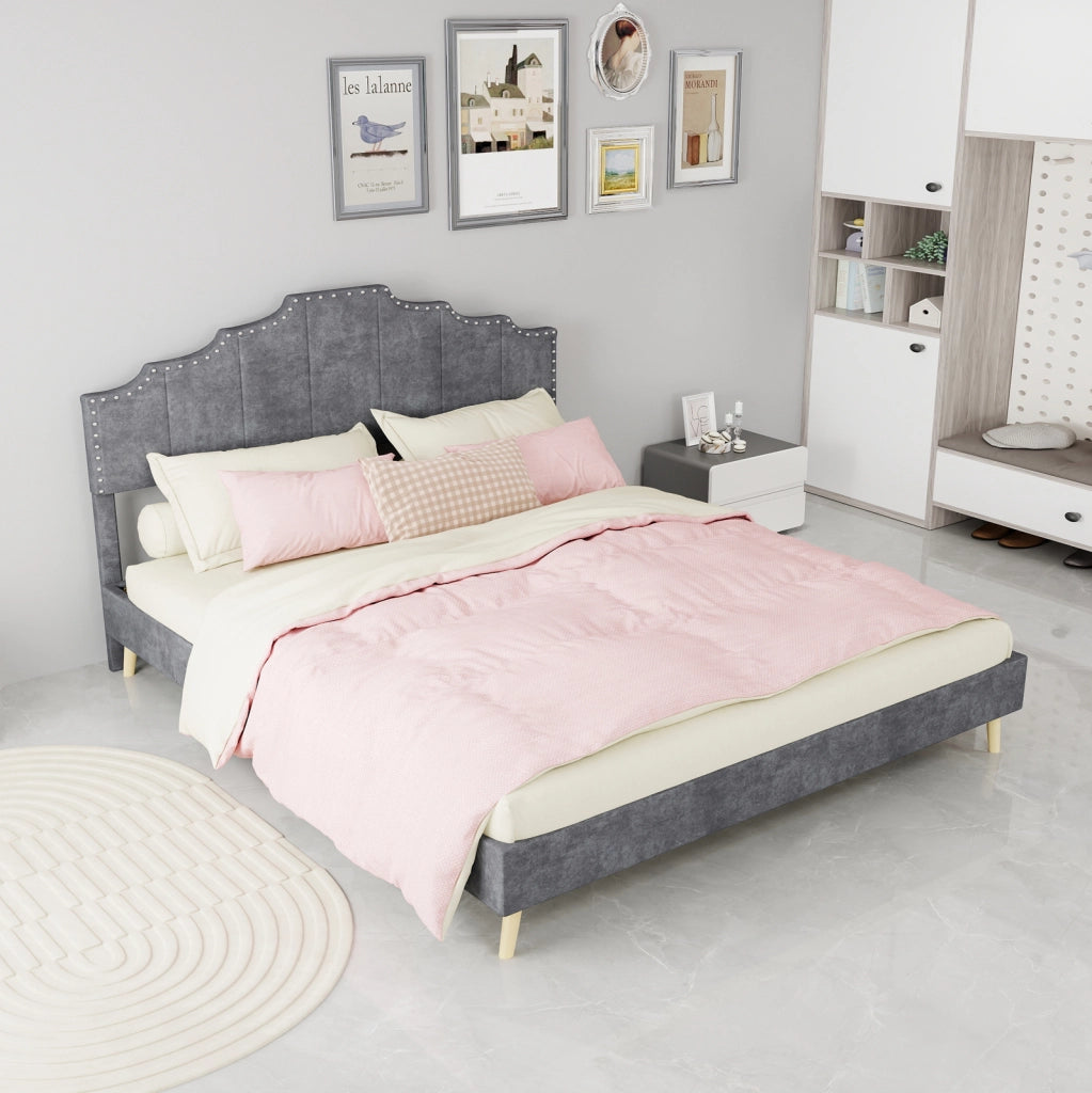 Letto matrimoniale 160x200 cm in tessuto e metallo, testiera geometrica grigio