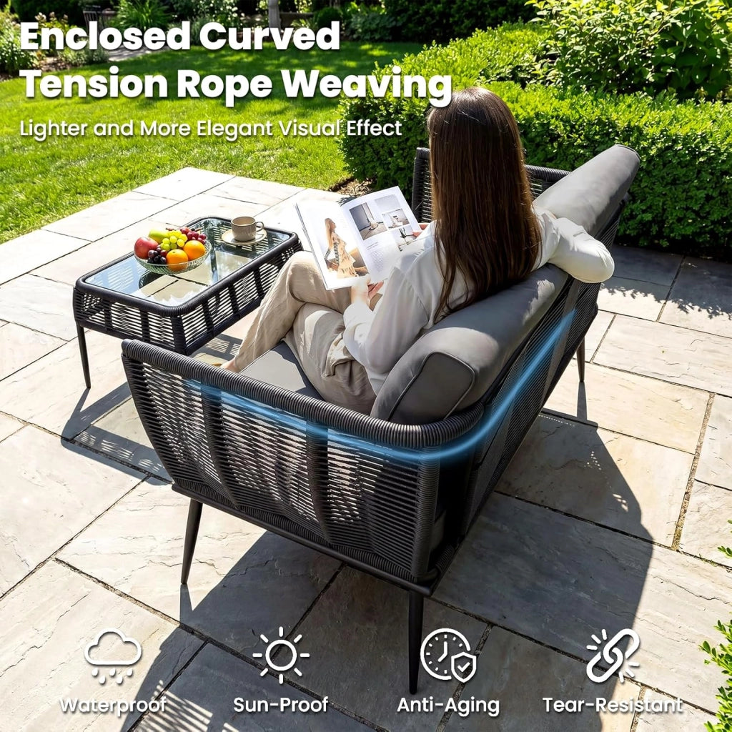 Divano in rattan a 2 posti, per balcone, nero, divano, piccolo balcone, giardino d'inverno, terrazza, mobili per interni ed esterni, resistente alle intemperie, panca con schienale