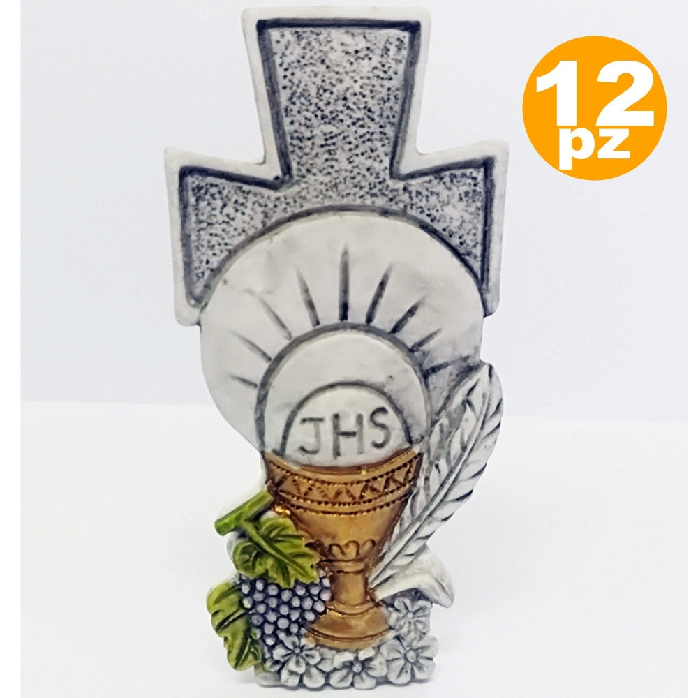 Trade Shop - Set 12 Bomboniere Croce Comunione Eucarestia Calice Bianco Ceramica Soprammobile -
