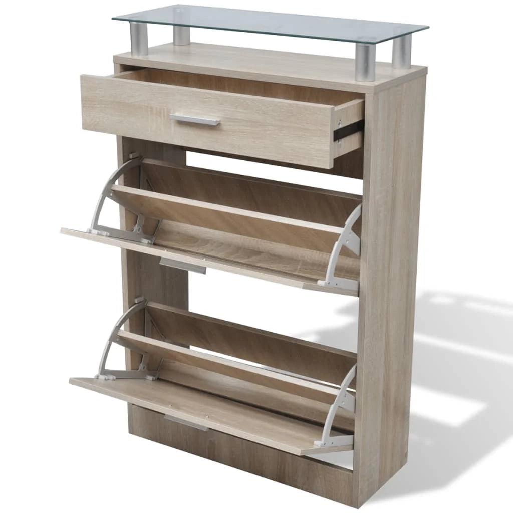 Scarpiera con cassetto e piano in vetro in legno marrone 02_0043417