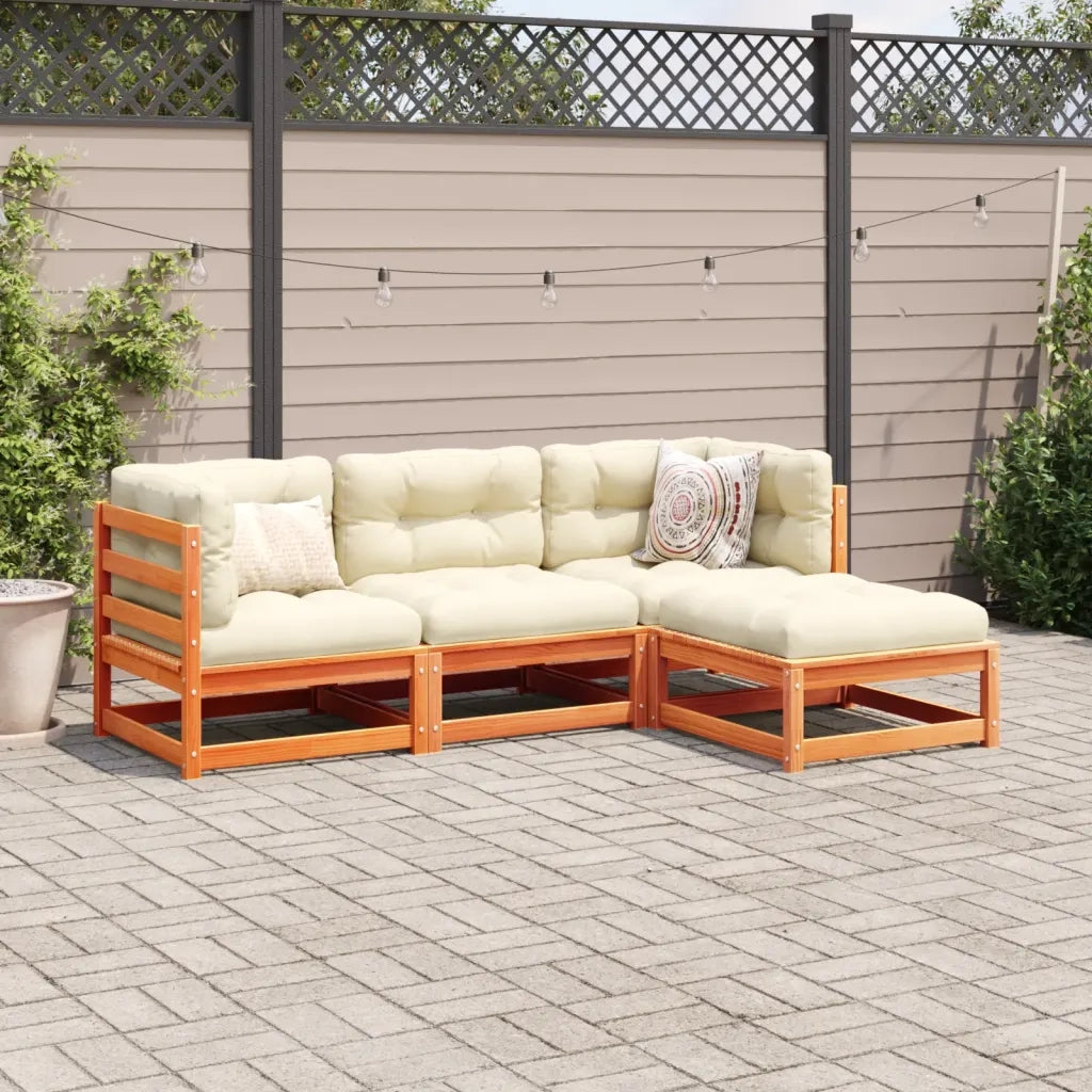 Set Divani Giardino 4pz | Set Salotto da Giardino con Cuscini Marrone Cera Massello Pino