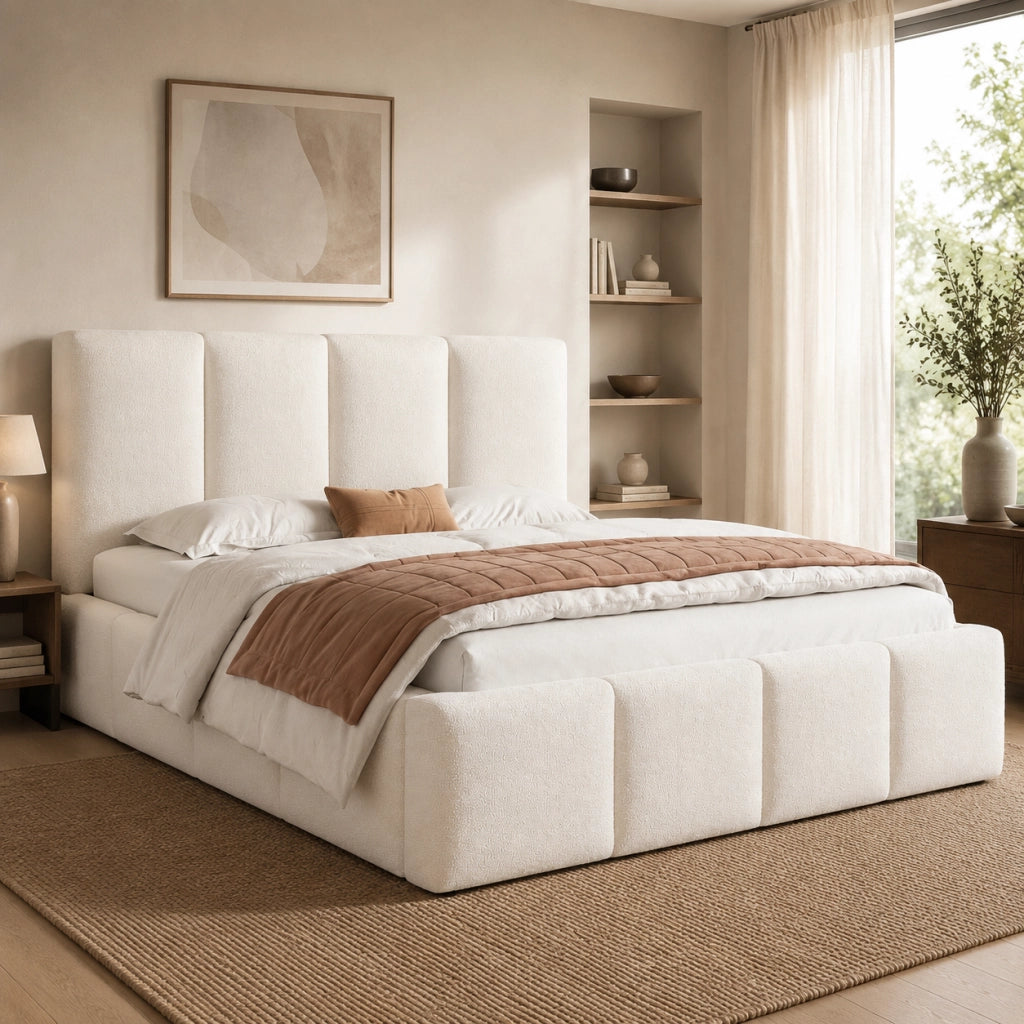 letto imbottito bouclé beige 180 x 200 cm