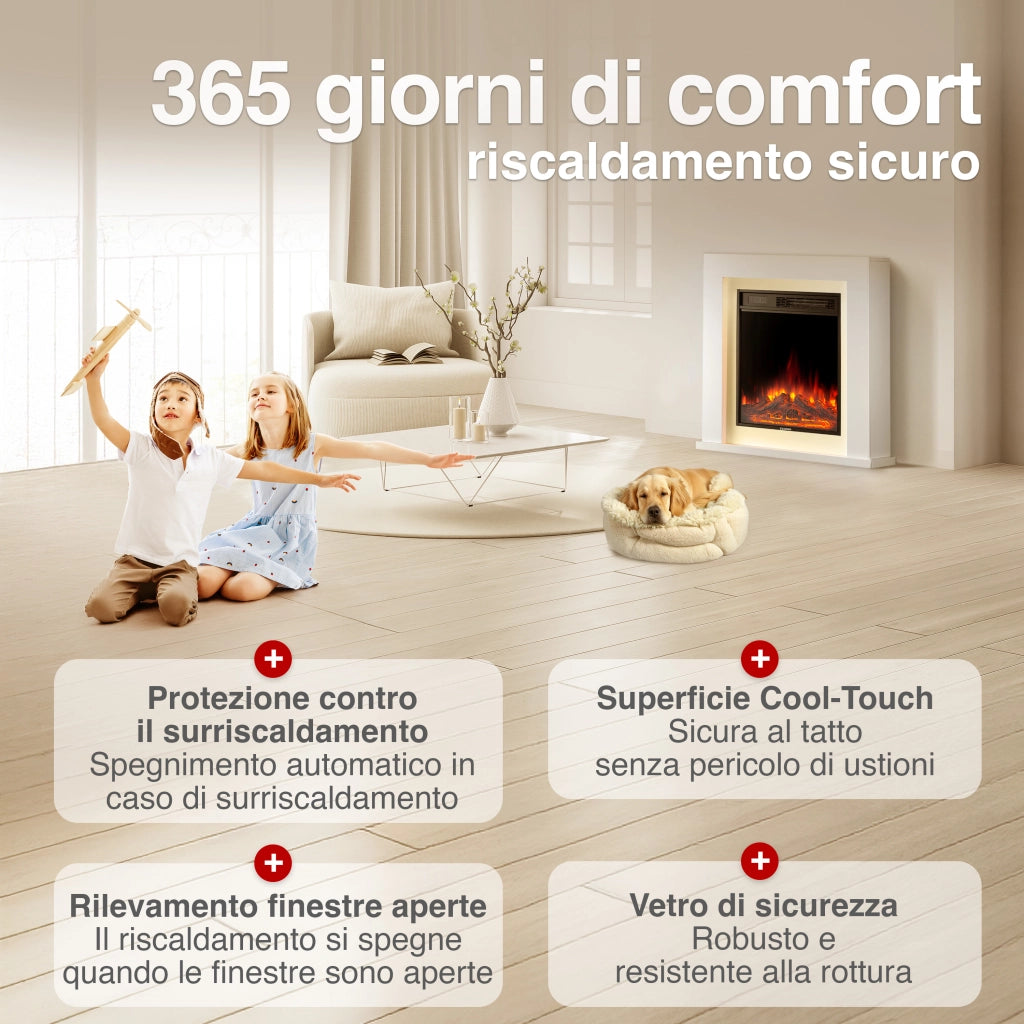 KAMINIO Camino elettrico MATTI - Caminetto da pavimento con riscaldamento, effetto fiamma 3D, luce ambiente a LED, telecomando - 32 pollici, Bianco