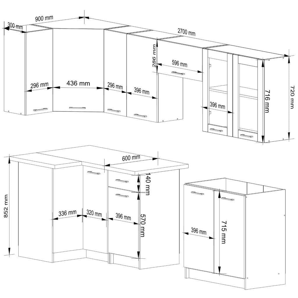 Set da cucina con vetrina AKORD OLIWIA 3,0 m H720 Bianco 300 cm 11 ante 1 cassetto frontale Bianco 300×46×203 cm
