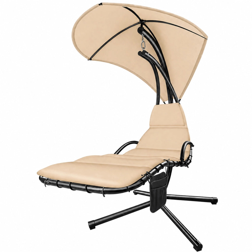 Sdraio Pensile Con Tettuccio Parasole Integrato E Cuscino Ergonomico Amaca Da Giardino In Acciaio E Poliestere 195 x 132 x 197 Cm Beige