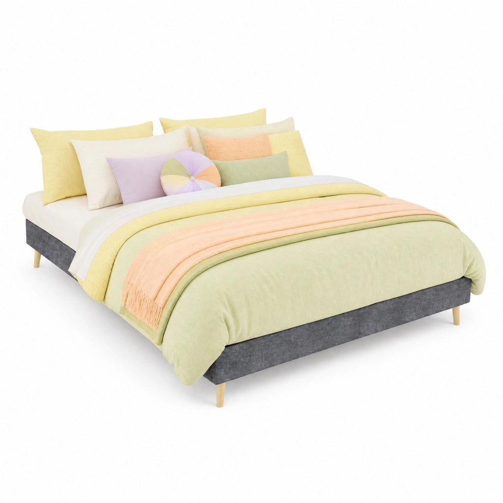 Letto matrimoniale 140x200 cm in tessuto grigio con testiera geometrica e rete a doghe