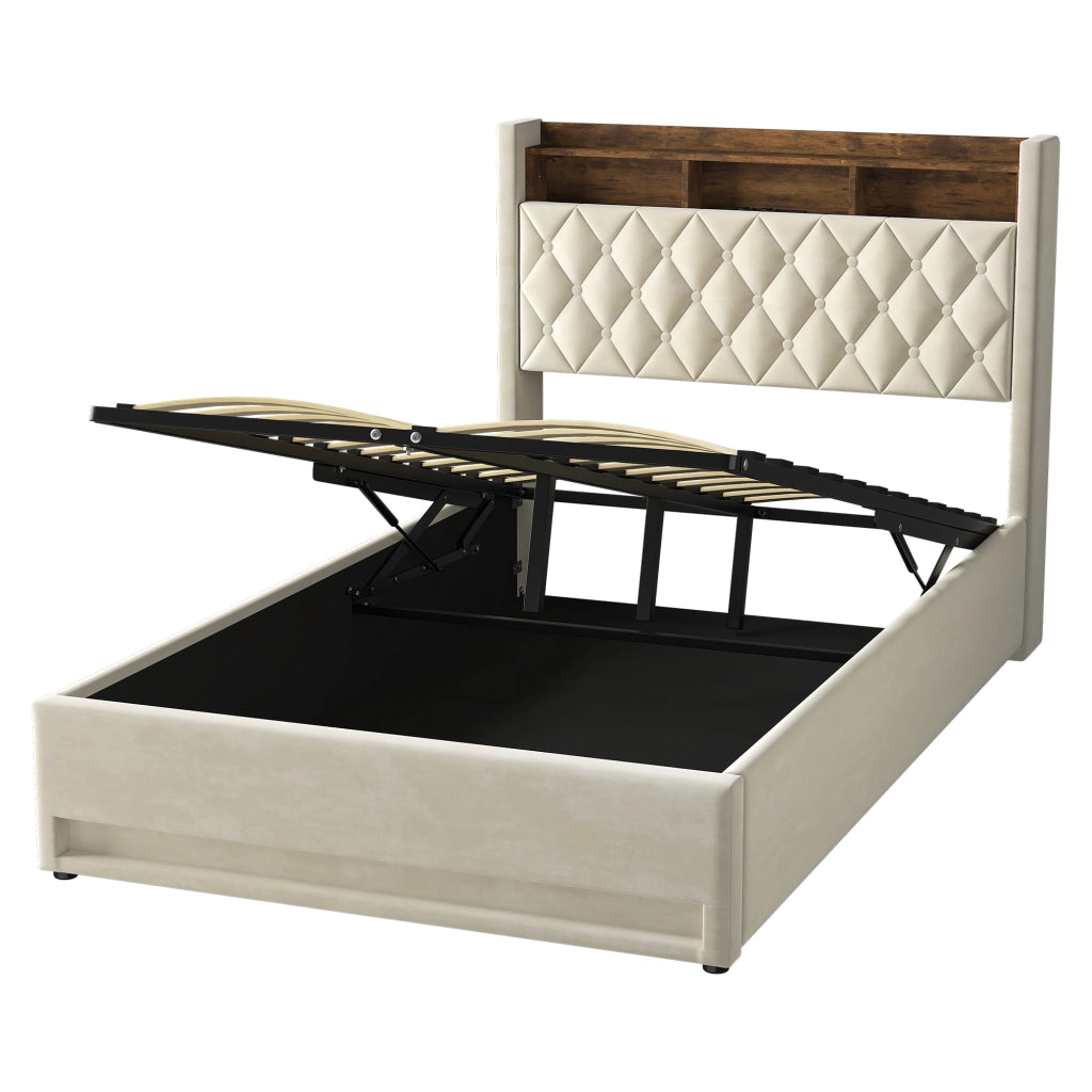 LETTO Imbottito 140 x 200 cm in Velluto Beige con Base a Doghe