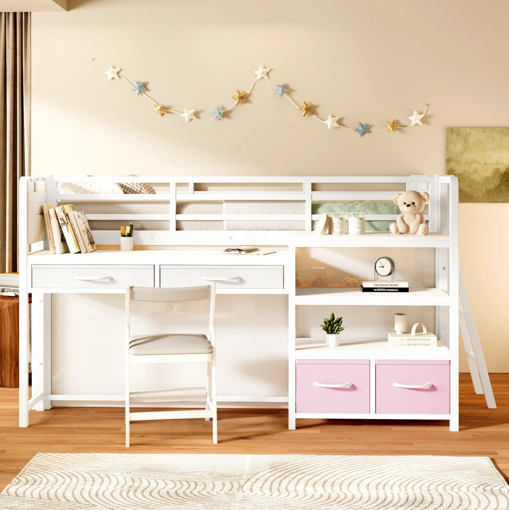 Letto a soppalco ULEVR 90x200 cm con scrivania, ripiani, cassetti in tessuto e LED multicolore, bianco