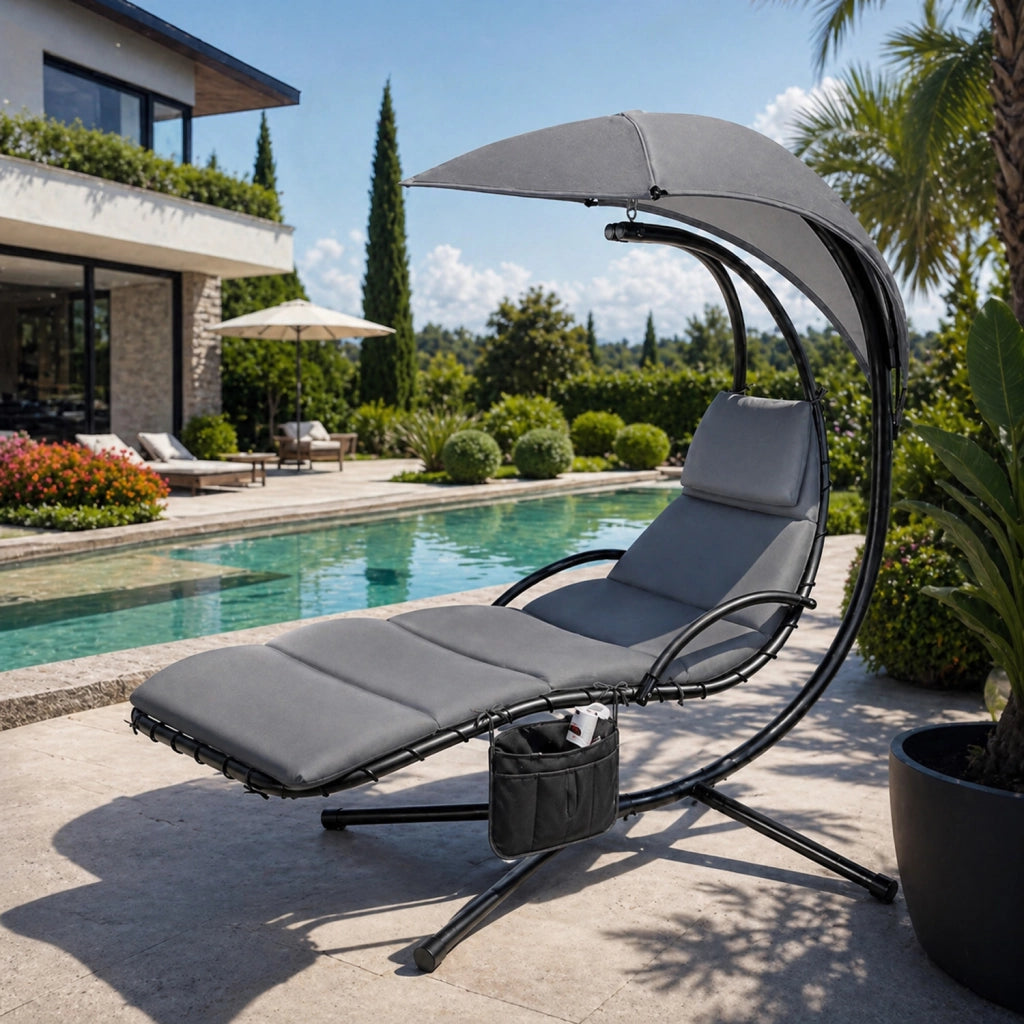 Sdraio A Sospensione Con Ombrellone Grigio E Cuscino Ergonomico Amaca Da Giardino In Poliestere Resistente Per Arredamento Esterno Terrazzo Bordo Piscina Formato 195x132x197 Cm