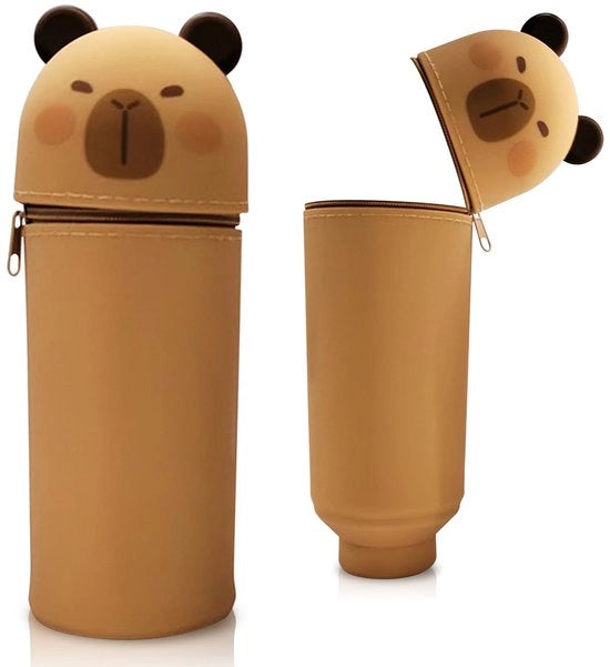 Etui 2 in 1 con stampa di animali - Borsa per matite e penne in silicone morbido | Etui e tappo per penne | Borsa per scuola, ufficio (Capybara)