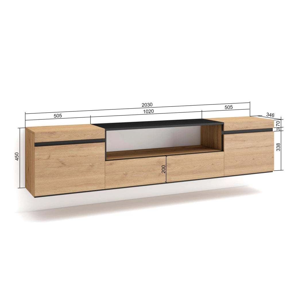 Mobile TV, 200x35x45cm, soggiorno, Per TV fino a 80", da appendere, colore Rovere e nero RF2150