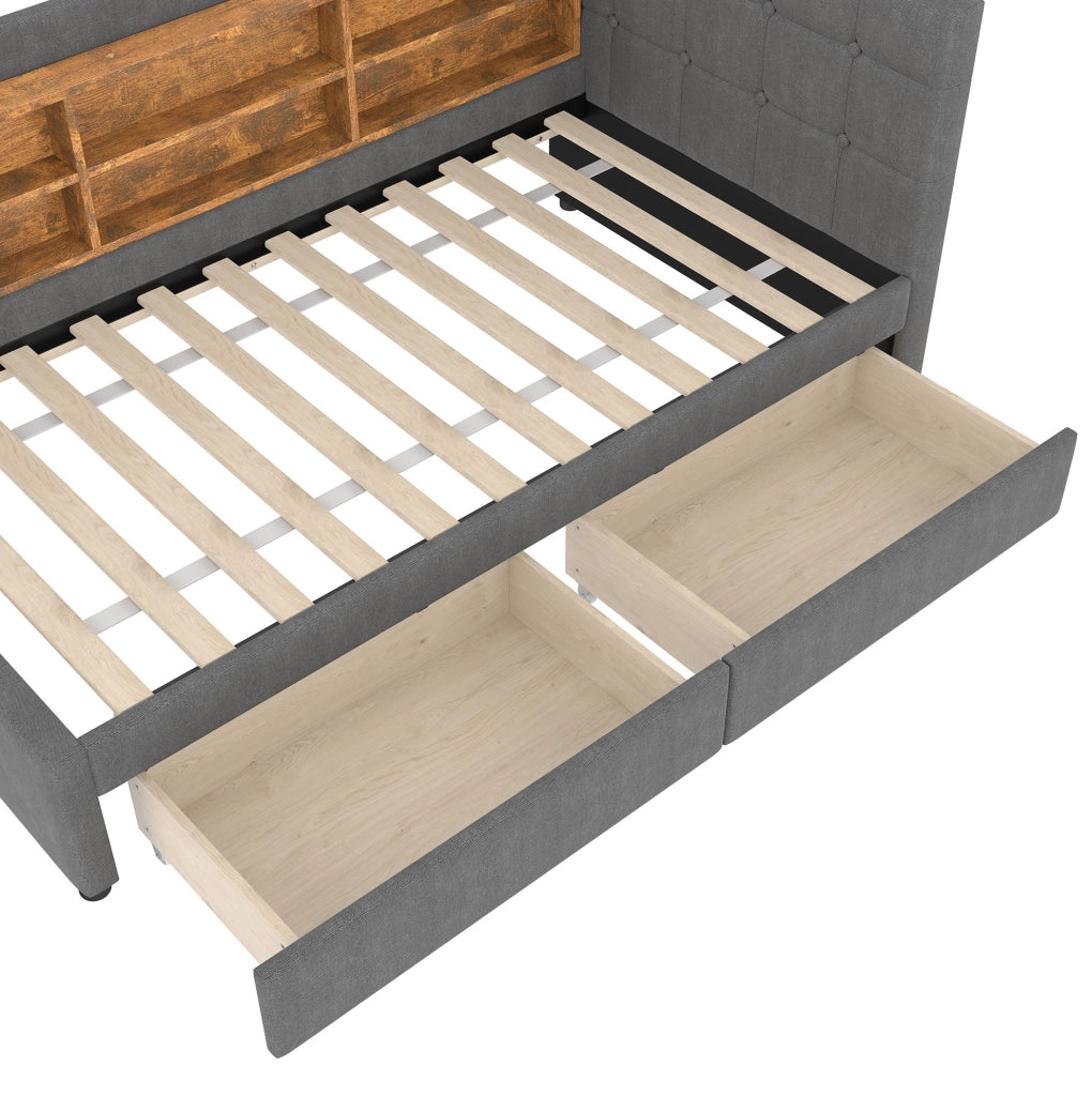 Letto singolo 90x200 cm grigio con 2 cassetti, USB, Type-C e ripiani