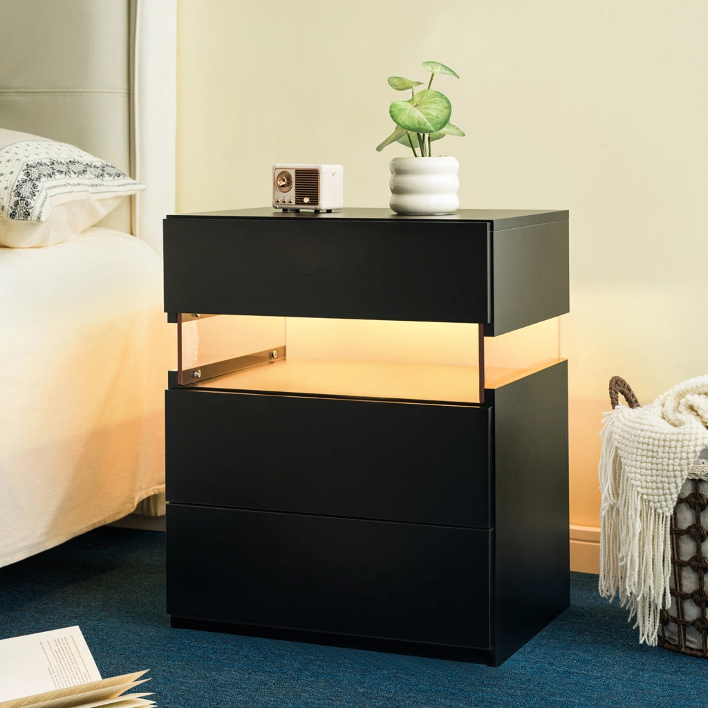 Comodino ULEVR nero con 3 cassetti, pannello acrilico e illuminazione LED RGB, mobile da letto in pannello a base di legno