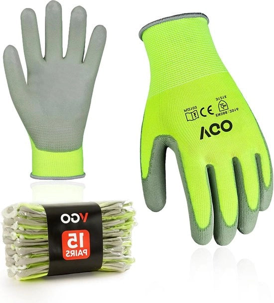 Manici di sicurezza - Manici da giardino - Rivestito di poliuretano - Latex-free - Giallo - Taglia L - Set di 15 paia