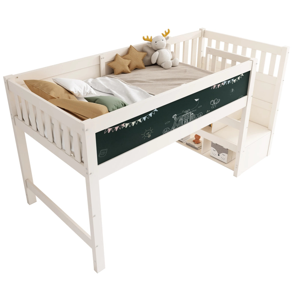 Letto a soppalco per bambini 90 x 200 cm bianco con scala contenitore e lavagna