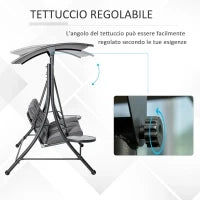 Dondolo da Giardino a 3 Posti , Dondolo da Esterno con Tettuccio Regolabile e 2 Tavolini, Grigio 271x125x177cm