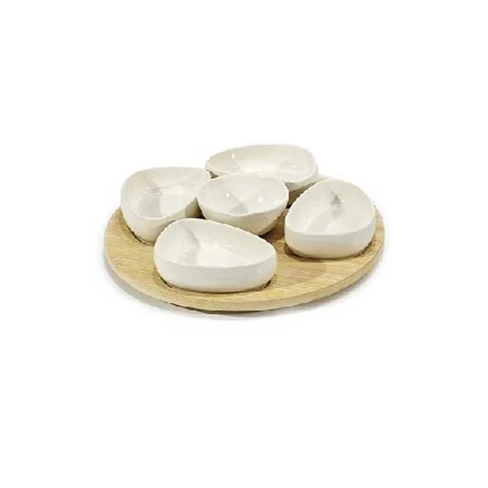 Trade Shop - Set Antipastiera Vassoio Girevole ø27cm In Bamboo Con 5 Ciotole Da Portata Snack Apertivi -