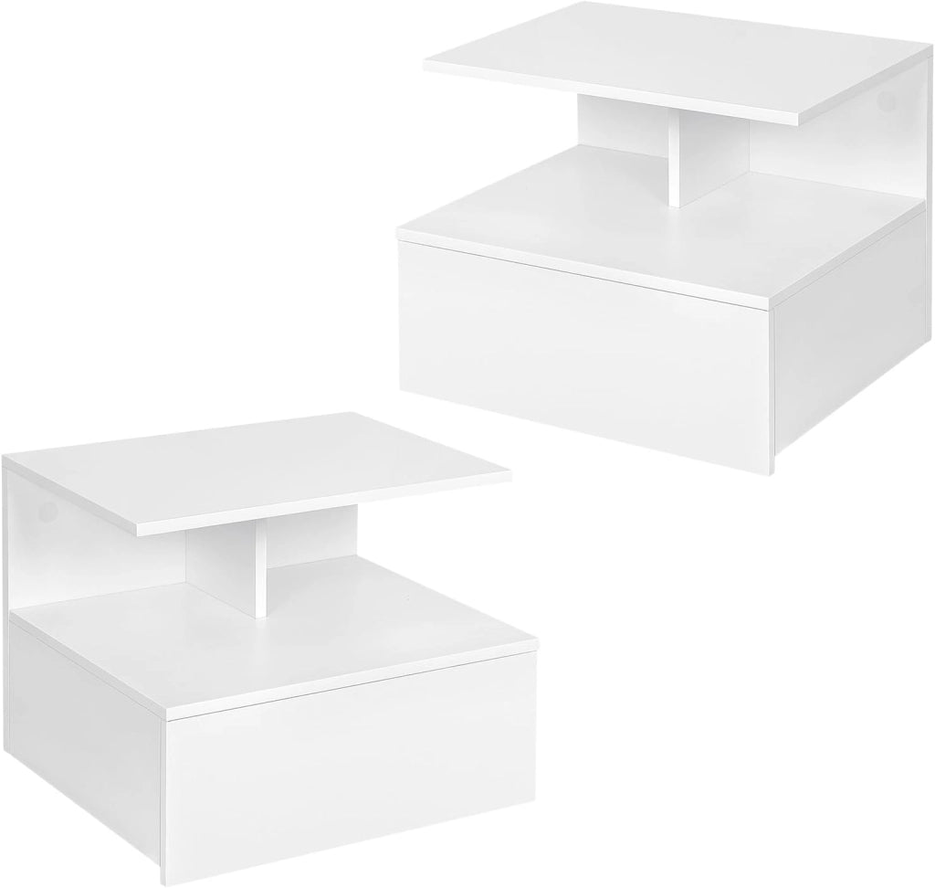 Set di 2 Comodino Sospeso, Comodino per Camera da Letto con 1 Cassetto e 1 Scomparto Aperto, Fissaggio a Parete, Mobiletto per Cameretta Moderno, in Legno,40x35x31cm, Bianco, NTS03ws-2