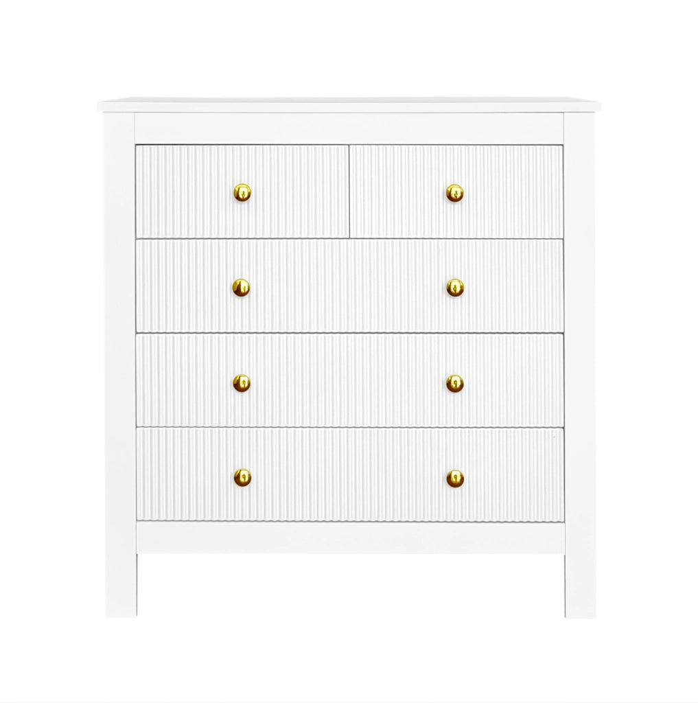 Cassettiera 79x80.5x39.5 cm con 5 cassetti; maniglie dorate; truciolare bianco