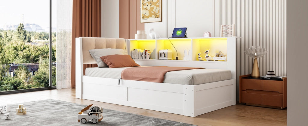 DESMIU Letto Divano 90 × 200 cm 1 posto con contenitore idraulico, USB, mensola e LED, senza materasso, bianco