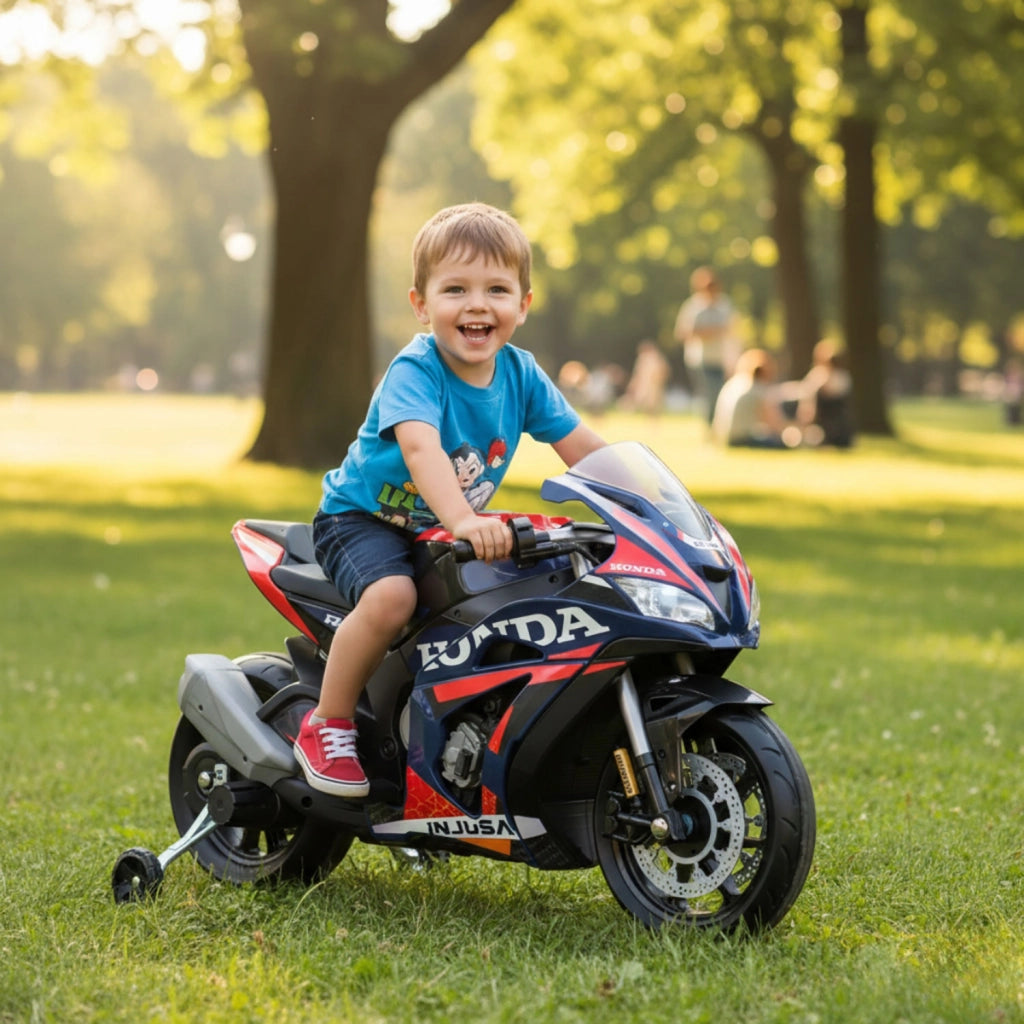 Moto Elettrica per Bambini 12V Honda Competición con Luci Suoni e Ruote Stabilizzatrici Blu