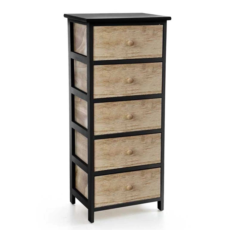 CASSETTIERA IN LEGNO NERO CON 5 CASSETTI IN COLORE NATURALE 40 X 29 X 90 CM