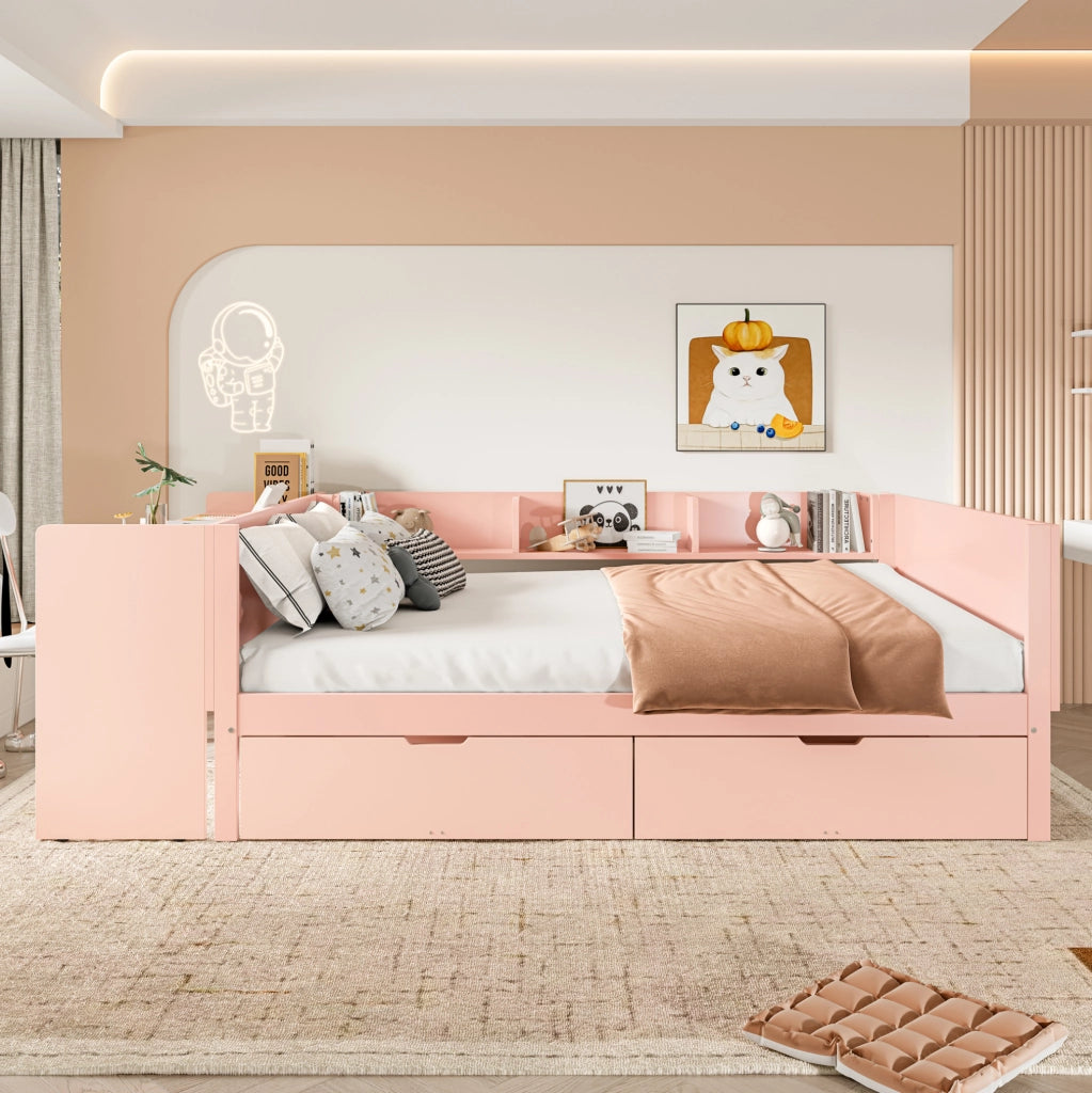 Letto 140x200 cm con scrivania; cassetti e ripiani in legno rosa