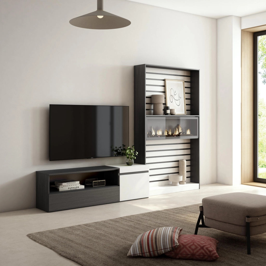 Mobile TV, Soggiorno, 260x35x186cm, Per TV fino a 65", Camino elettrico, Bianco e nero RF2551