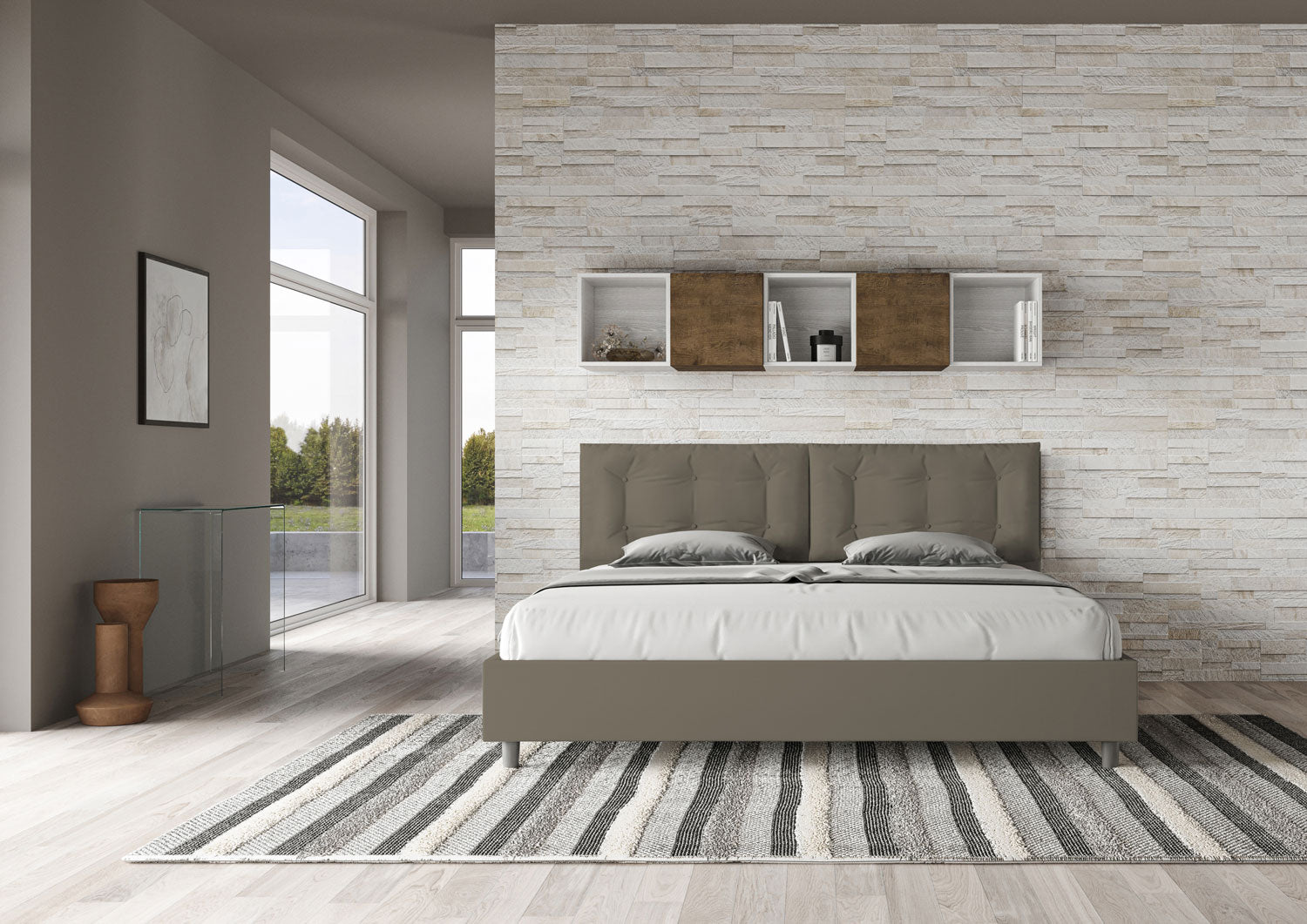Letto Matrimoniale King Size 200x200 cm con Rete e Contenitore Testata con Cuscini Imbottito in Similpelle Annalisa