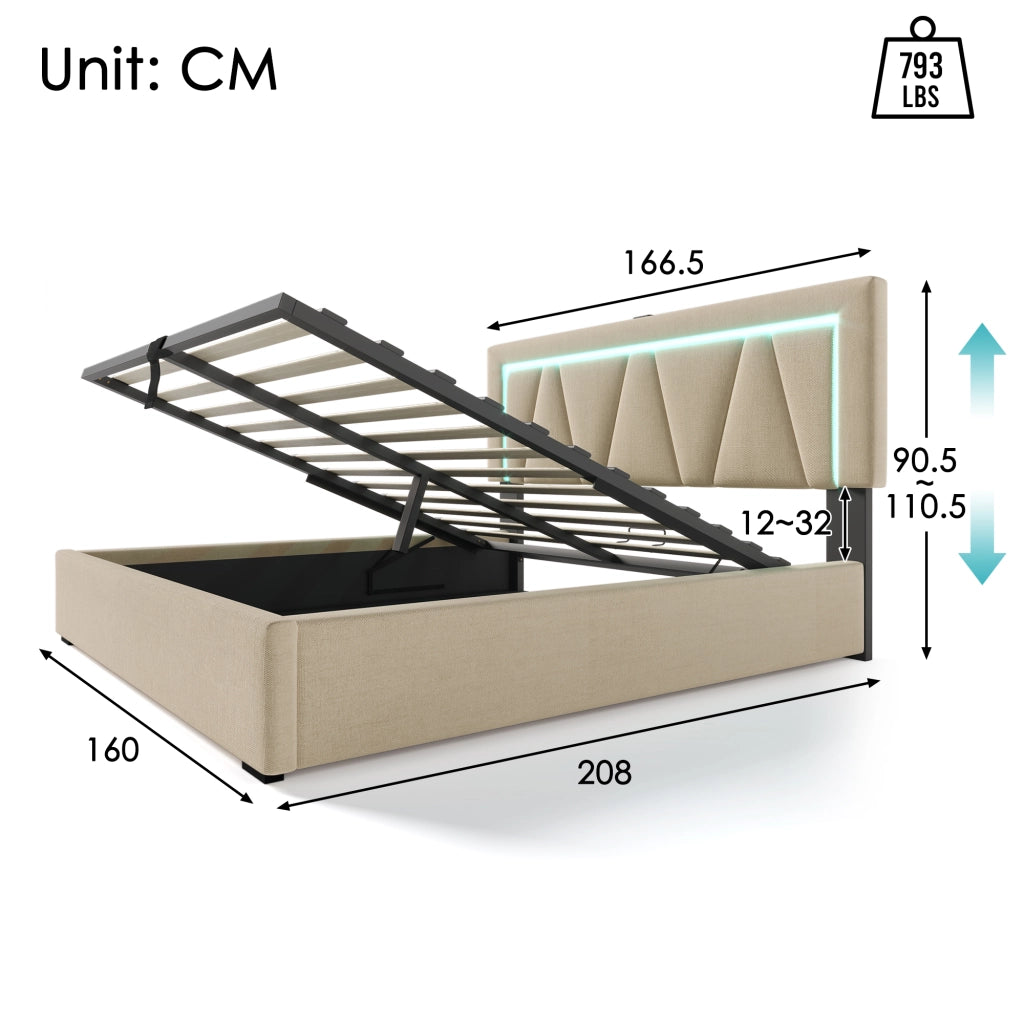 LETTO Contenitore 160x200 cm in lino beige con LED e USB Type C