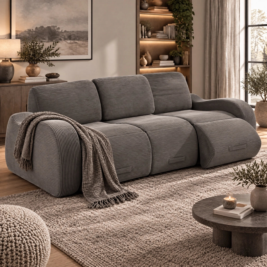 Divano modulare 115x247x76 cm con funzione letto in velluto a coste grigio