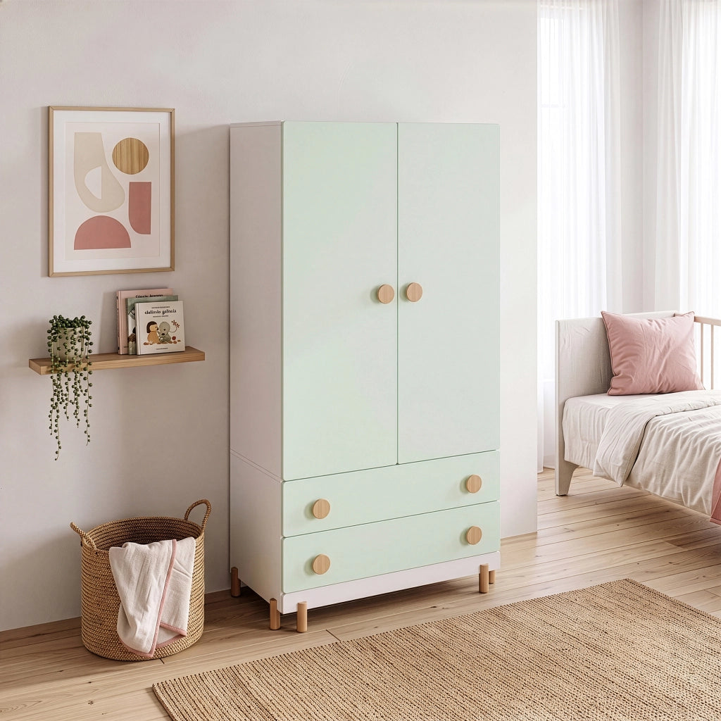 Armadio per Cameretta Vaarentaa a 2 Ante con 2 Cassetti 156x80x41 cm - Bianco/Verde Menta [en.casa]