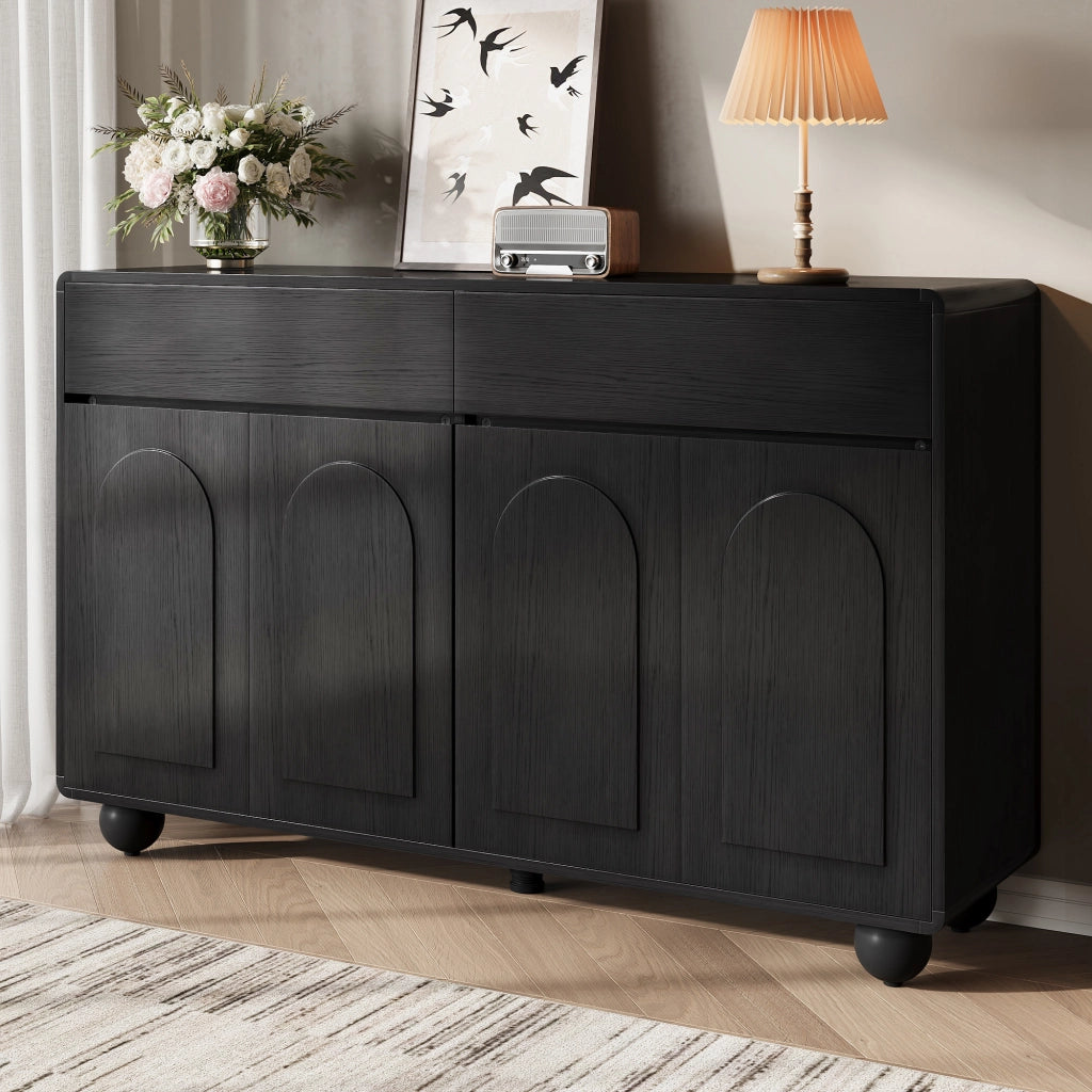 Credenza e madia con 2 cassetti, 4 ante e ripiani regolabili, in MDF e PB, per soggiorno, nero, 140 × 38 × 89 cm