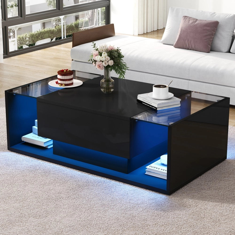 Tavolino da Caff¨¨ con LED e Cassetto ¨C MINIMAL ¨C Vetro Temperato Nero Lucido 100x50x31