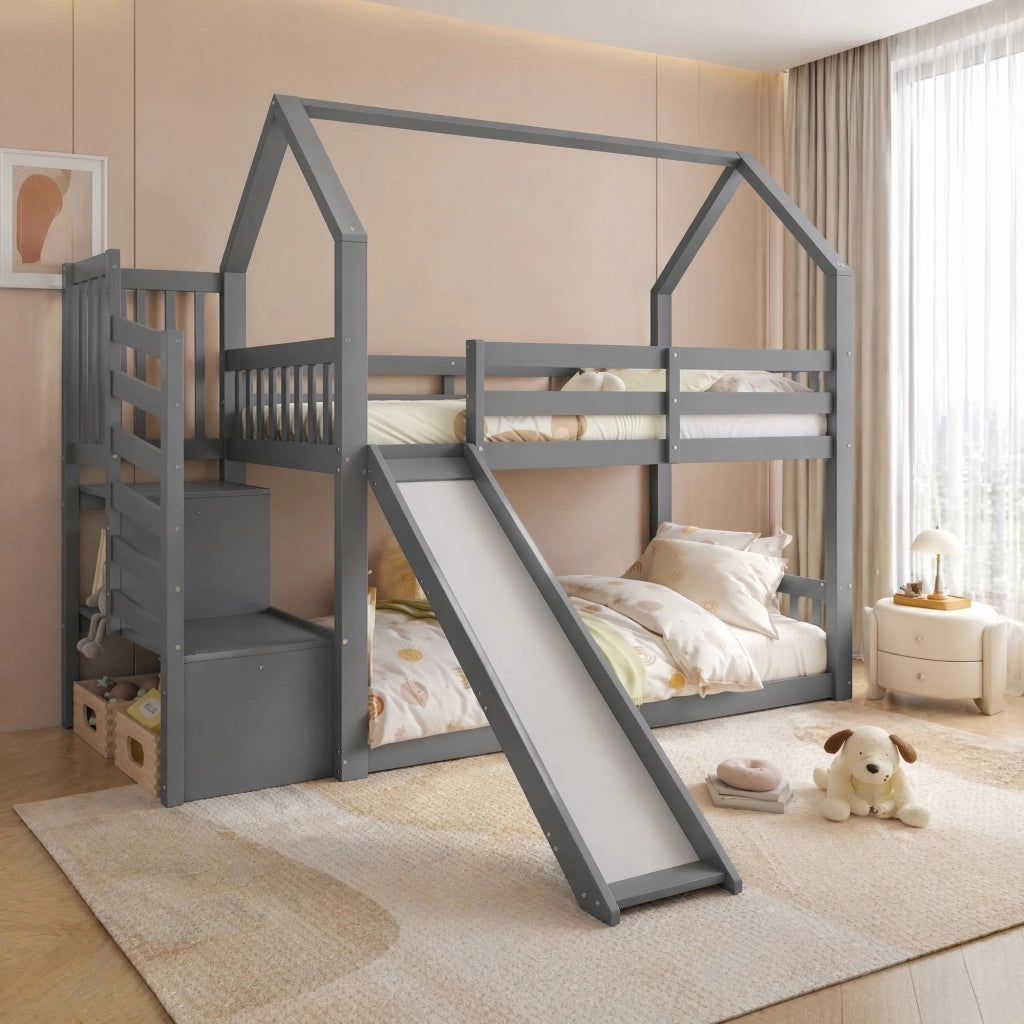 Letto a castello 90x200 cm con scala contenitore e scivolo grigio