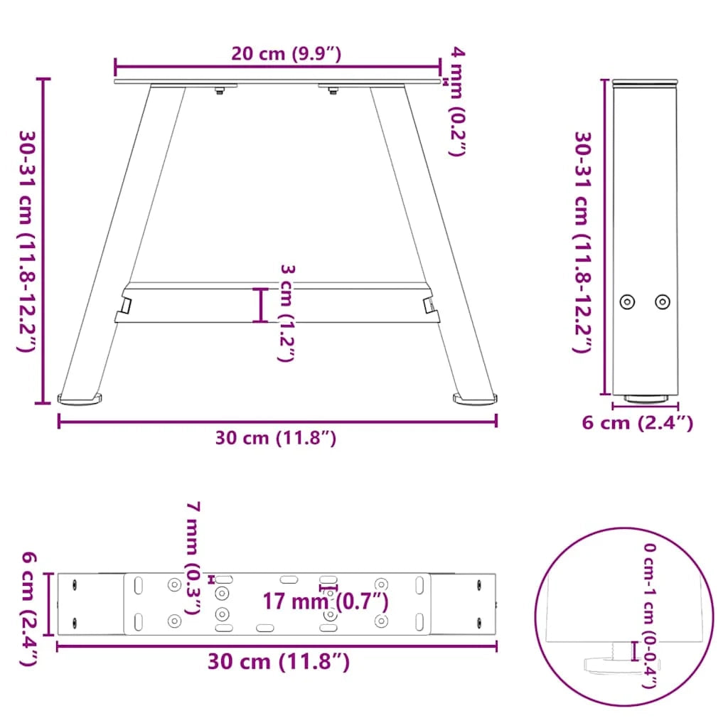 Set di 2 gambe per tavolino da caffè a forma di A 30 x 30 cm con piedini regolabili stile moderno acciaio antracite 02_0057090