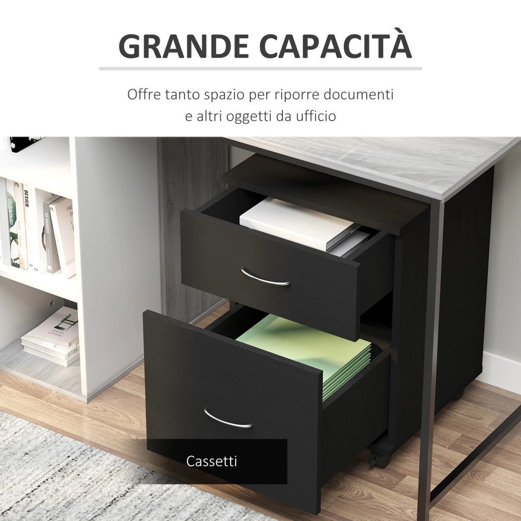 Cassettiera Ufficio e Casa 2 Cassetti e Ruote con Freno in Legno Nero