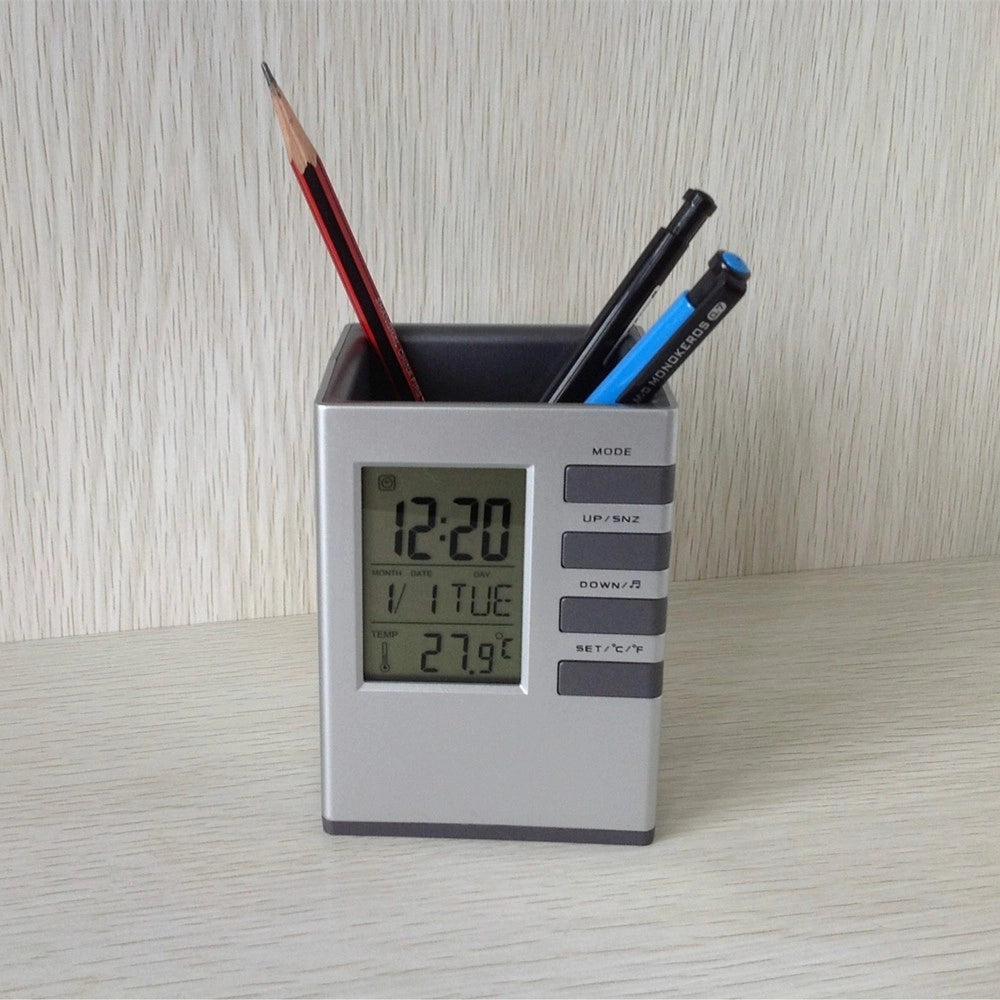 Trade Shop - Portapenne Da Scrivania X Ufficio Casa Con Display Digitale Orologio Illuminato -