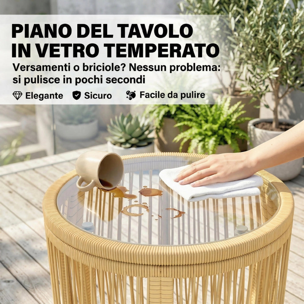 Set 3 Pezzi da Pranzo Bistrò con 2 Sedie Tavolo Rotondo con Piano in Vetro Temperato in Rattan e Acciaio Beige