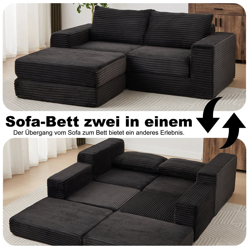 Divano letto modulare con pouf rimovibile, braccioli quadrati e configurazione flessibile in velluto a coste nero