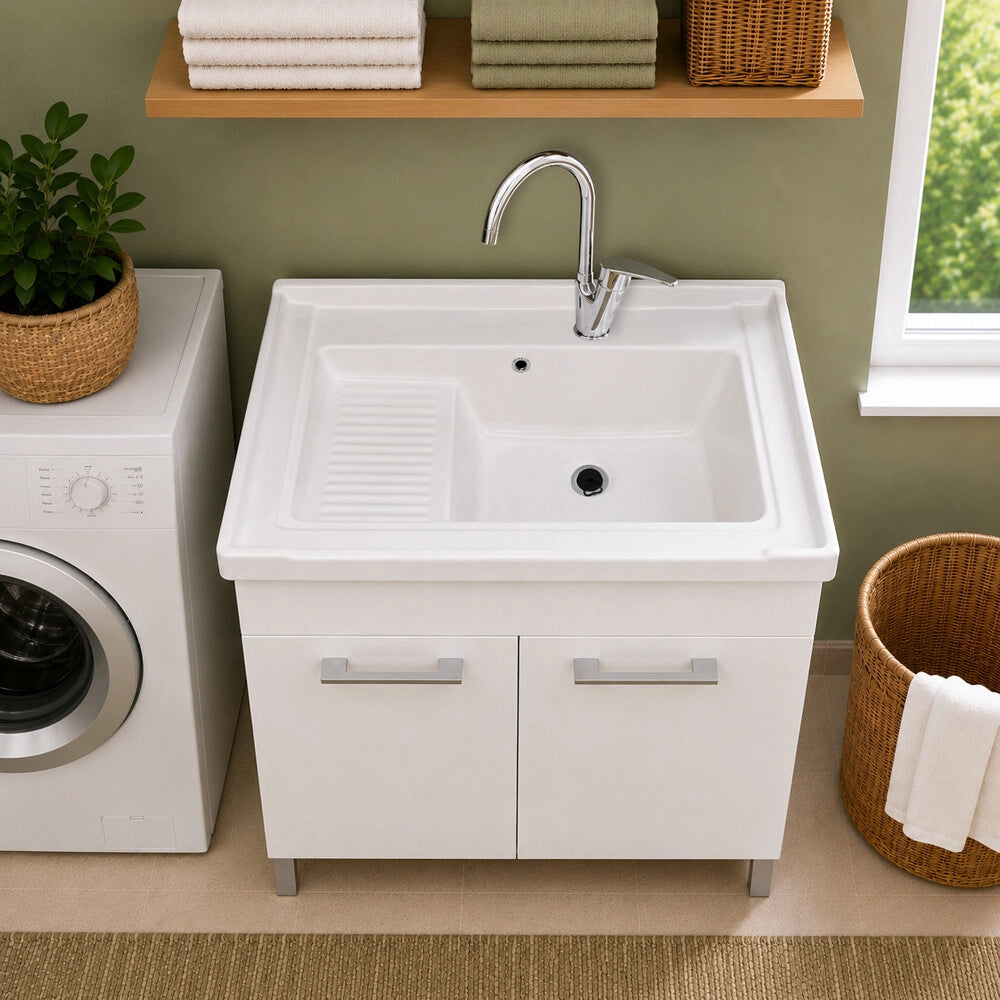 Mobile lavatoio 80x50 bianco con vasca in ceramica e kit di scarico