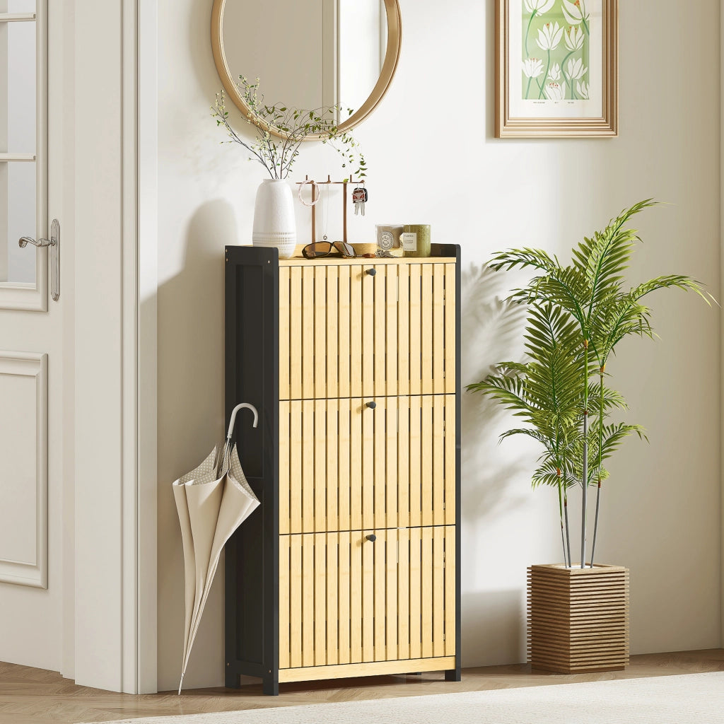 Scarpiera con cassetti e ante in bamb¨´ ¨C Zephmum ¨C Nero e legno naturale 60x24x118cm