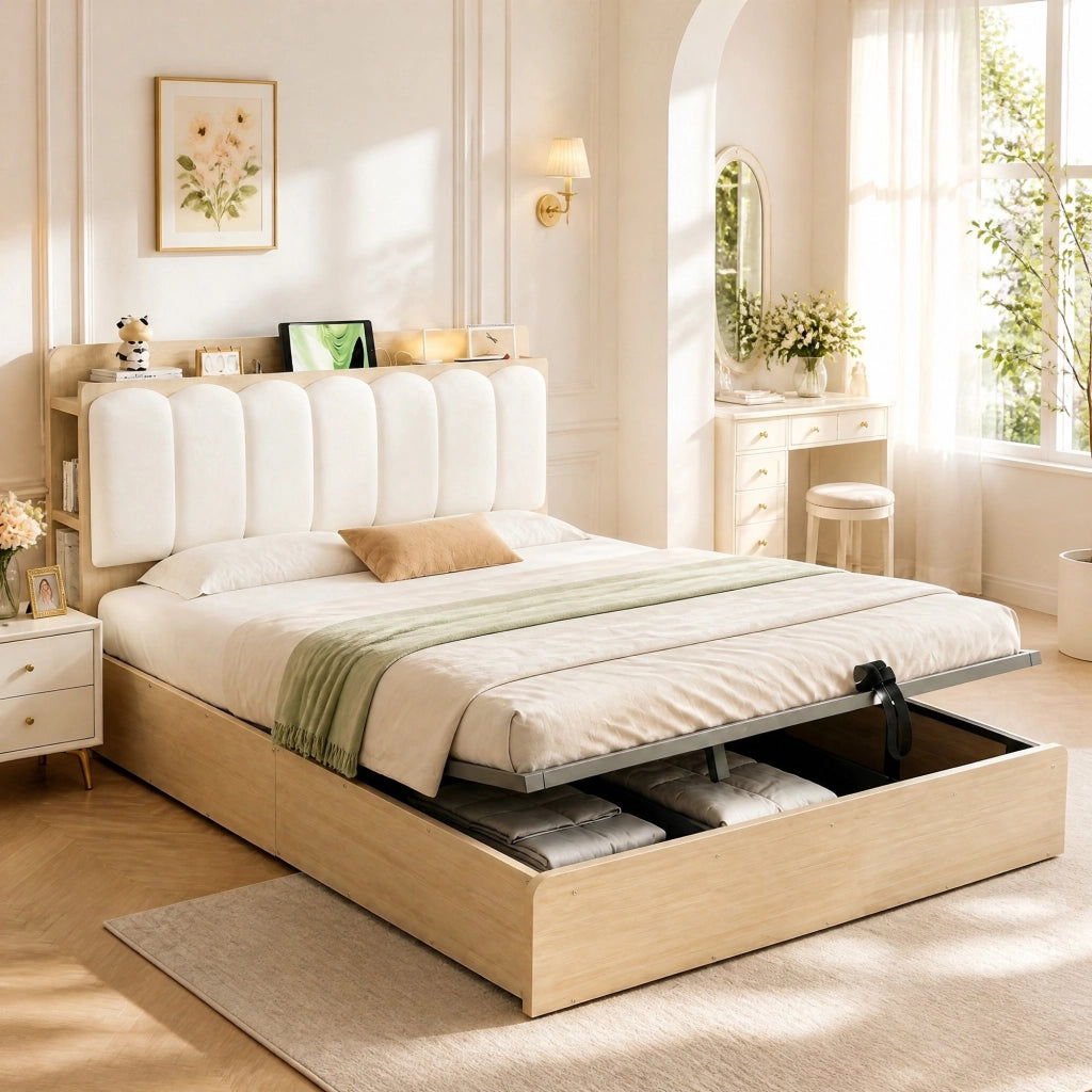 Letto contenitore idraulico 140x200 cm in legno con USB