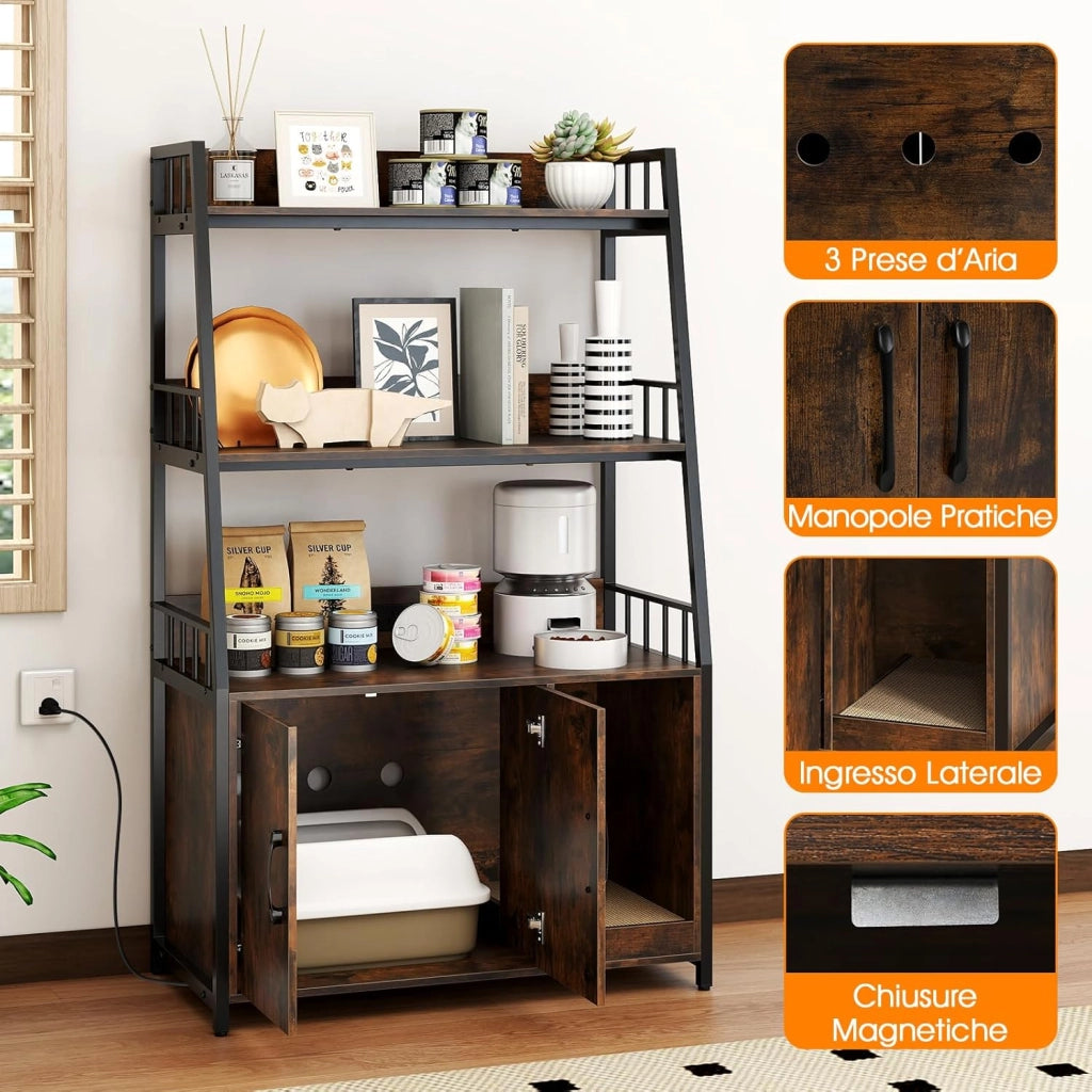 Mobile Lettiera per Gatti 80 x 40 x 132 cm, Credenza Soggiorno con Ripiani di Stoccaggio, Tiragraffi per Gatti, 2 Prese AC e Cuccia, Armadio Salvaspazio per Cuccia e Ingresso (Marrone)