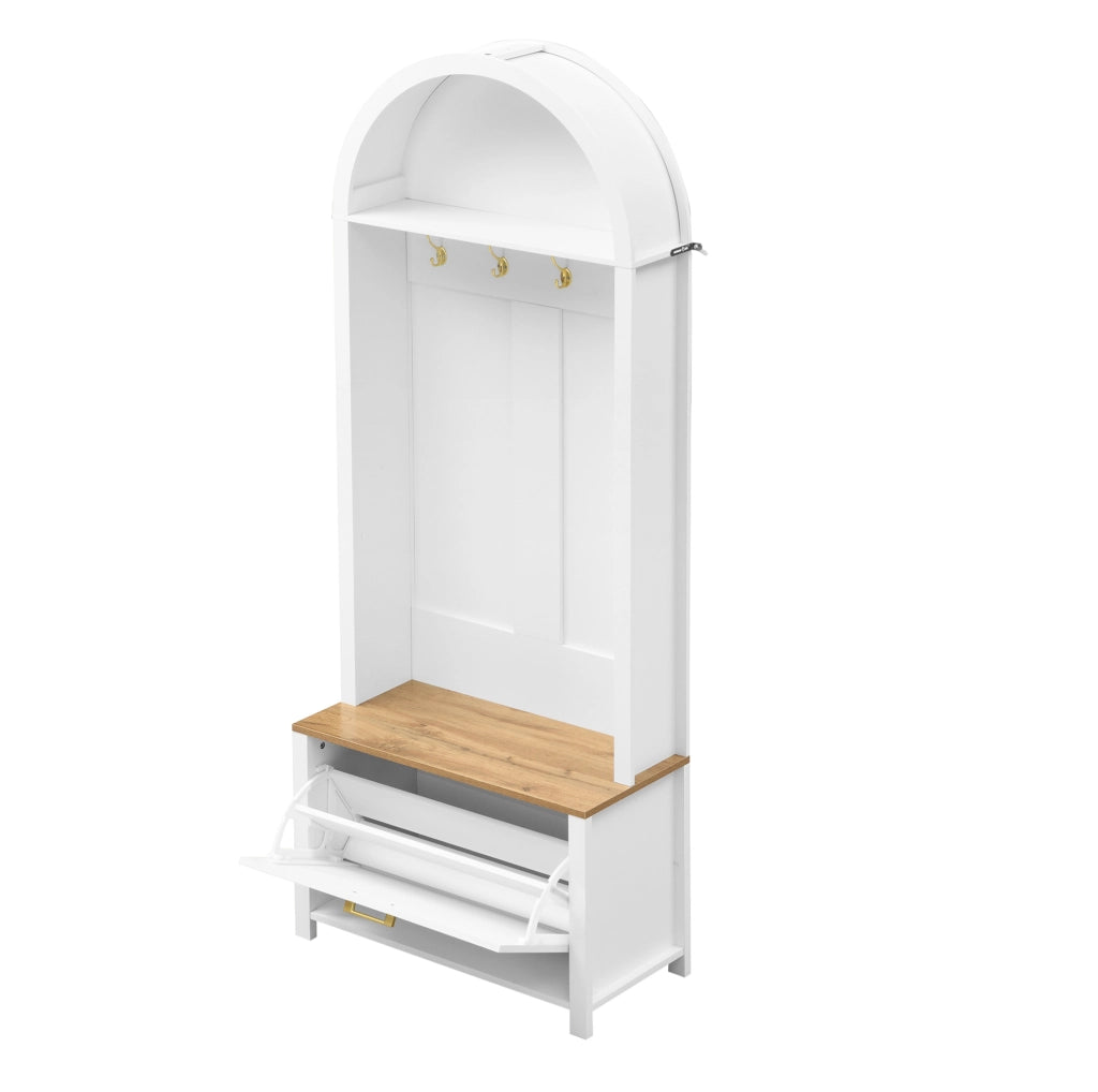 Appendiabiti da ingresso multifunzione con scarpiera; ripiano e ganci; 195 x 75 x 35 cm; MDF bianco e legno