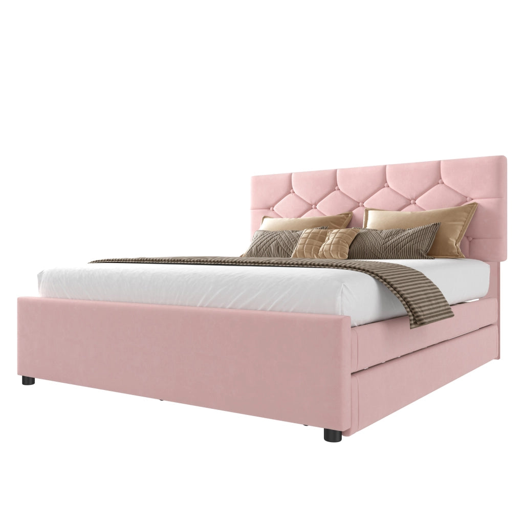 Letto imbottito 140x200 cm con rete a doghe e letto estraibile, rosa, design minimalista