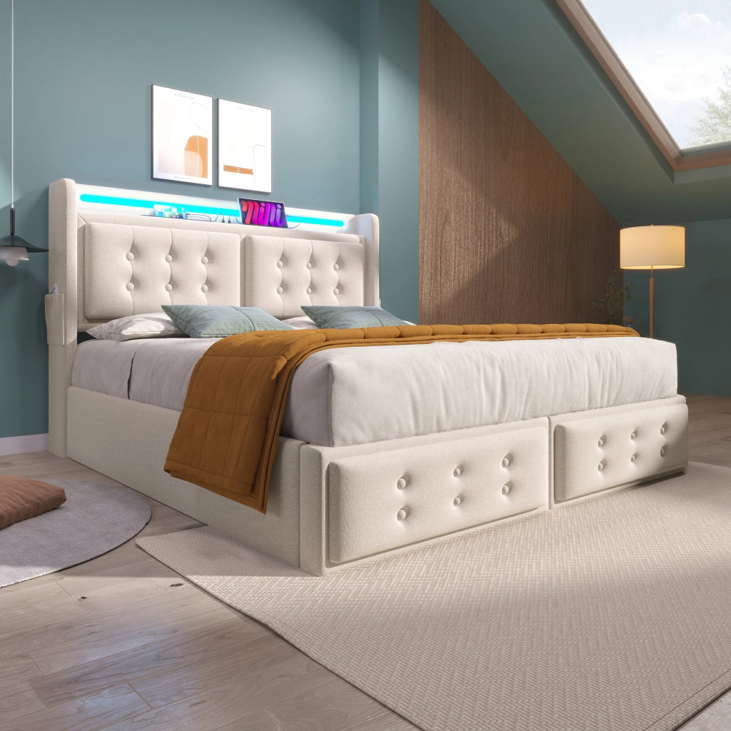 Letti contenitori 160x200 cm con LED e prese; cotone lino; beige (Senza materasso)