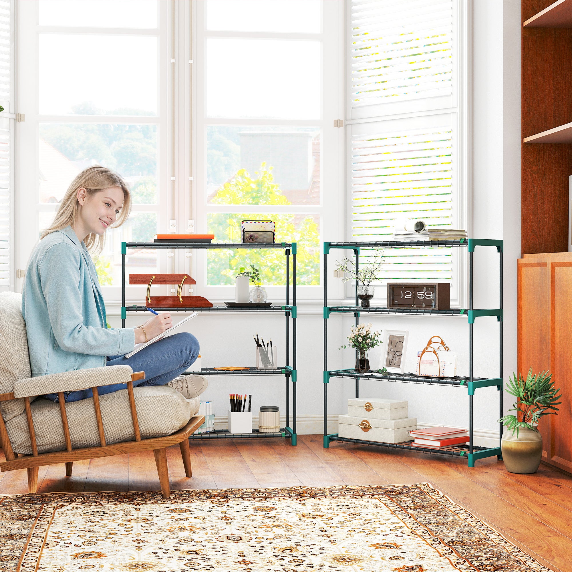 Set di 2 Scaffali per Piante a 4 Livelli 90x28x104 cm con Ganci in Acciaio Verde