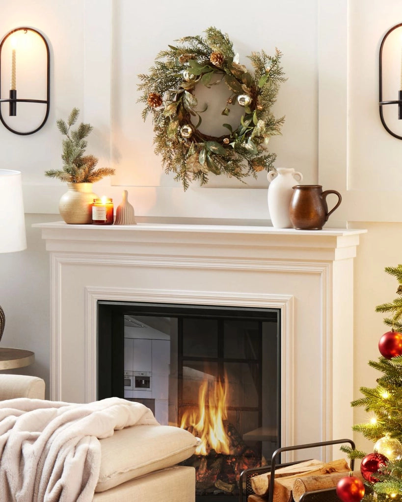 Ghirlanda di natale verde oro materiale sintetico 45 cm pigne palline di neve design tradizionale rotondo