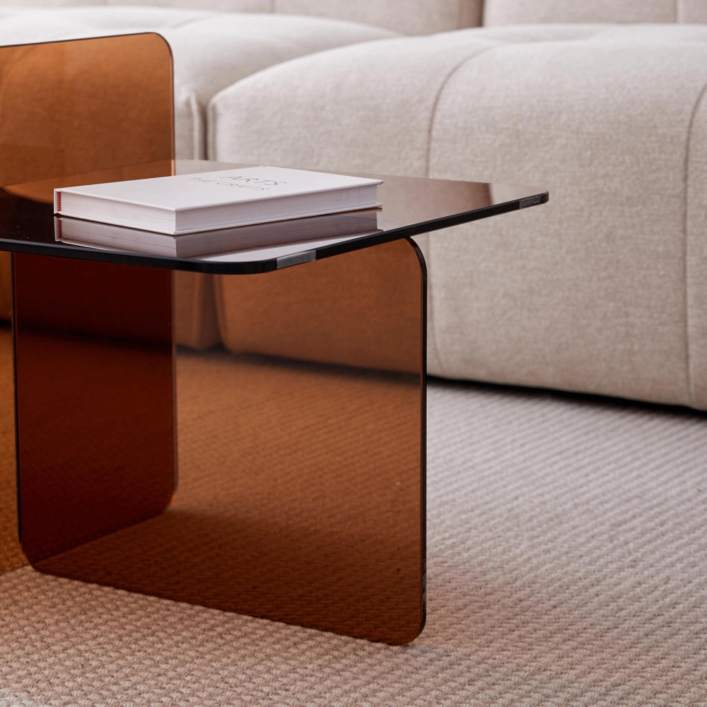 Tavolino basso in vetro temperato multiuso con piano trasparente, per soggiorno e ufficio, marrone, 45 × 45 × 51 cm